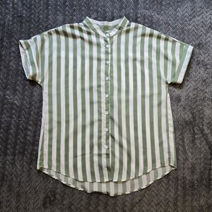 Womens Green & White Stripe Mandarin Collar Blouse Short Sleeve Button Down